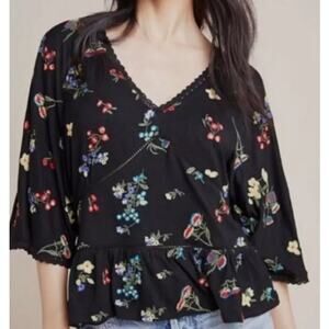 Anthropologie Parvati Black Embroidered Boho Blouse Top Size XS